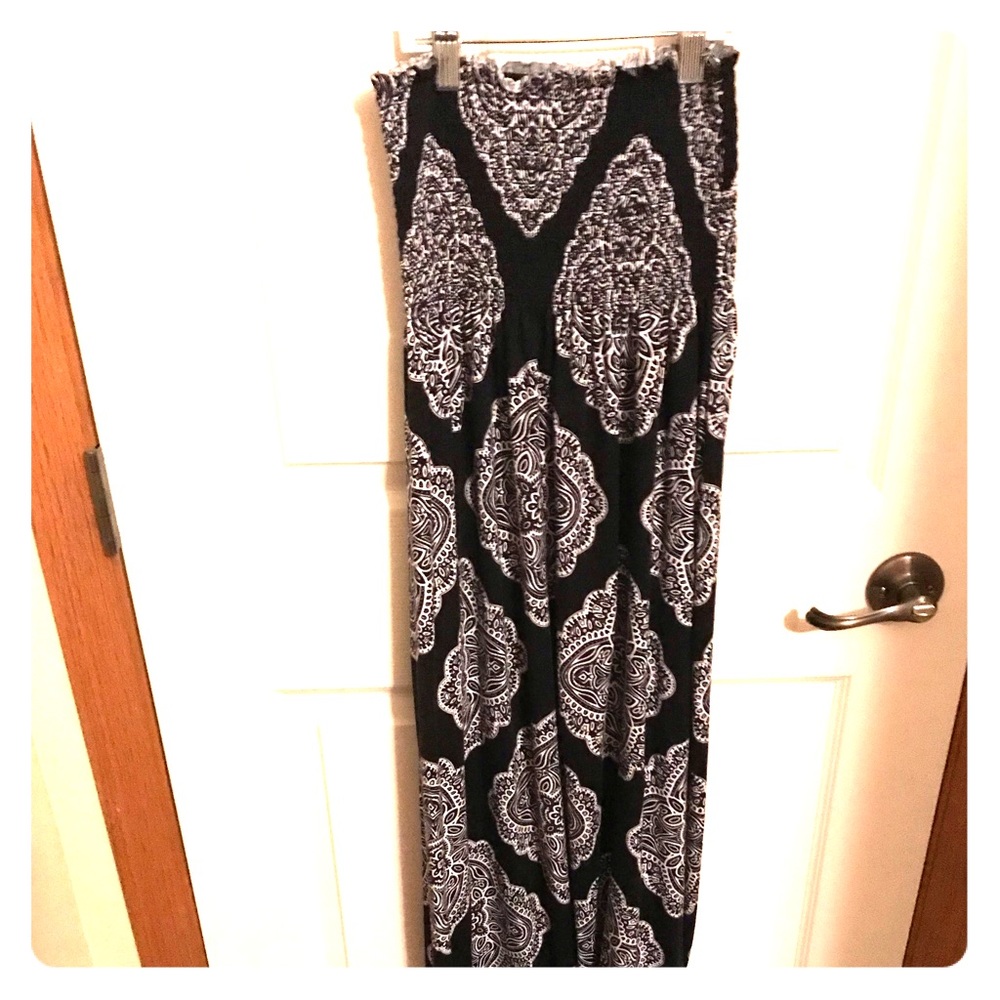 Black print strapless maxi dress